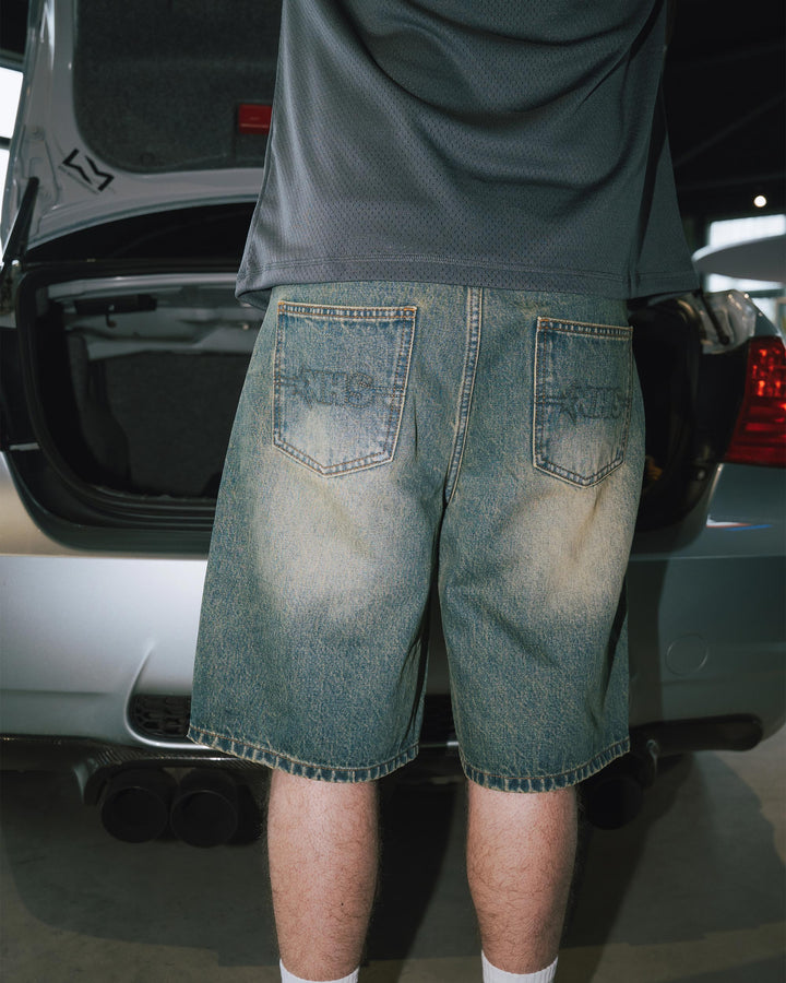 NHS STARS DENIM SHORTS WASHED GREEN